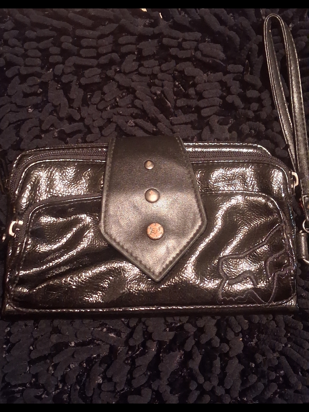 Fox Black Patent Wristlet Clutch with Stud Detail